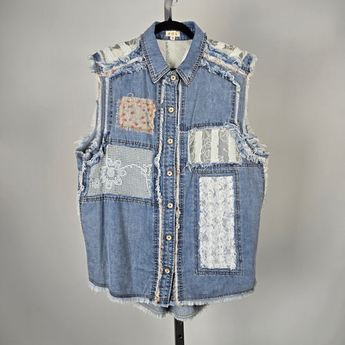 POL Patchwork Lace Denim Button Up Sleeveless Top - Size M/L