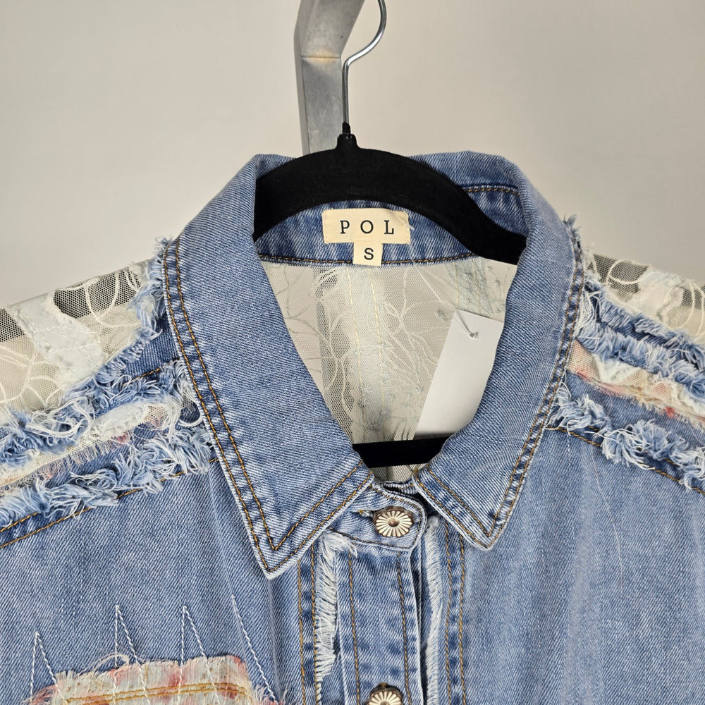 POL Patchwork Lace Denim Button Up Sleeveless Top - Size M/L