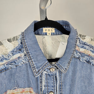 POL Patchwork Lace Denim Button Up Sleeveless Top - Size M/L