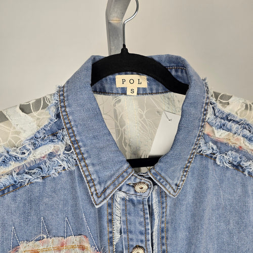 POL Patchwork Lace Denim Button Up Sleeveless Top - Size M/L