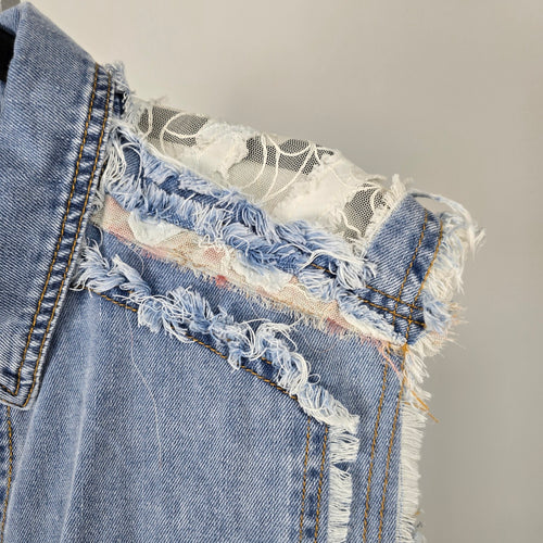 POL Patchwork Lace Denim Button Up Sleeveless Top - Size M/L