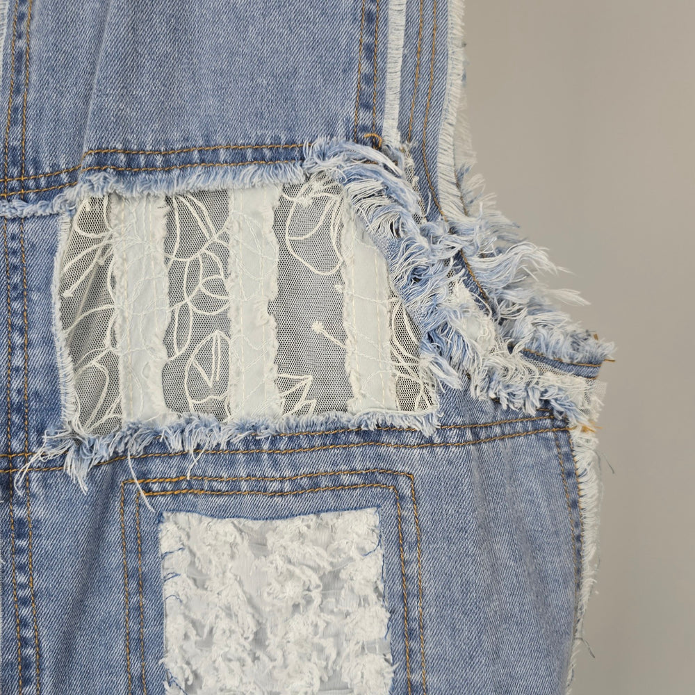 POL Patchwork Lace Denim Button Up Sleeveless Top - Size M/L