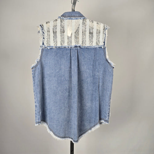POL Patchwork Lace Denim Button Up Sleeveless Top - Size M/L