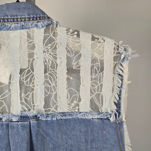 POL Patchwork Lace Denim Button Up Sleeveless Top - Size M/L