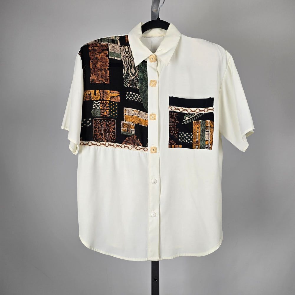 Vintage Ivory Abstract Patchwork Button-Front Blouse - Size M/L