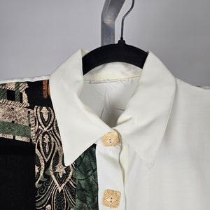 Vintage Ivory Abstract Patchwork Button-Front Blouse - Size M/L
