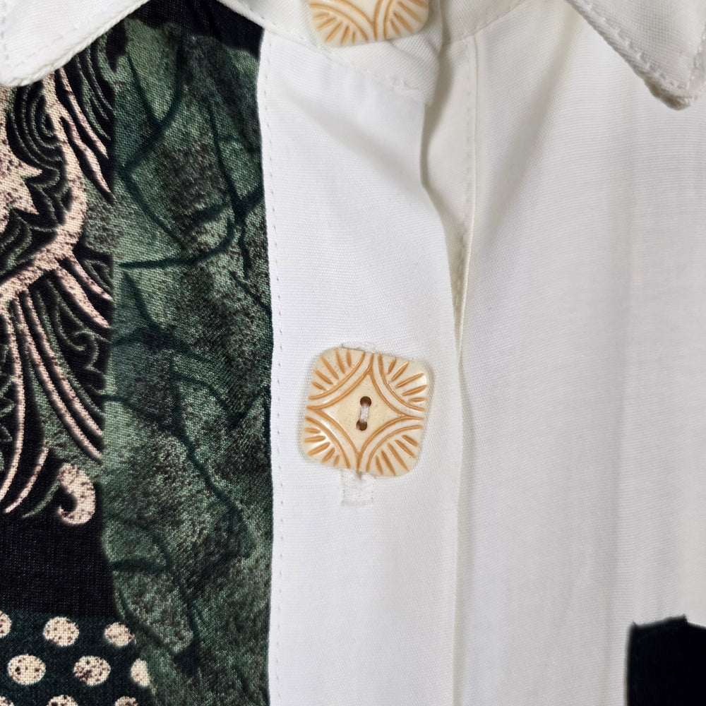 Vintage Ivory Abstract Patchwork Button-Front Blouse - Size M/L
