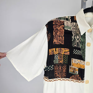 Vintage Ivory Abstract Patchwork Button-Front Blouse - Size M/L