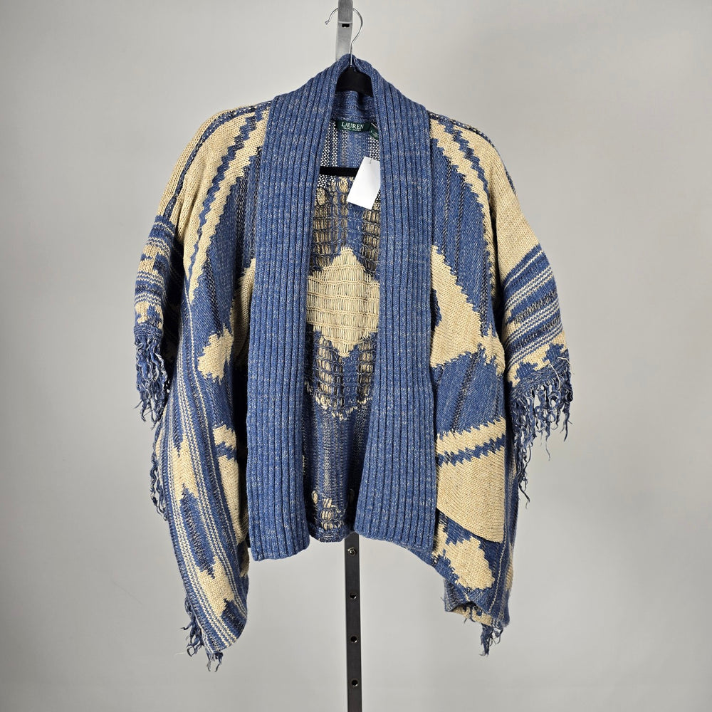 Lauren Ralph Lauren Blue Cream Southwestern Fringe Cardigan - Size S