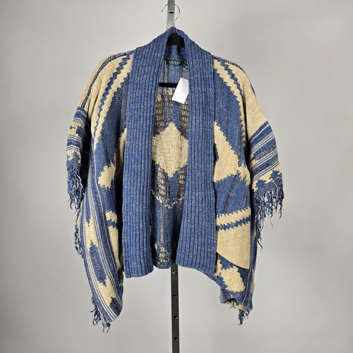Lauren Ralph Lauren Blue Cream Southwestern Fringe Cardigan - Size S