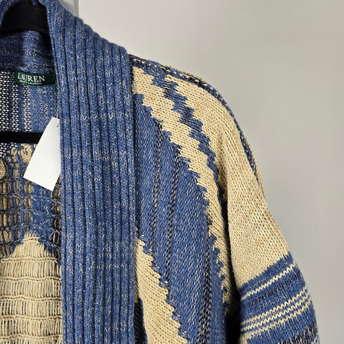 Lauren Ralph Lauren Blue Cream Southwestern Fringe Cardigan - Size S