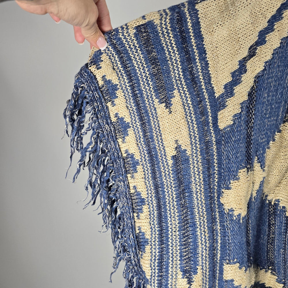Lauren Ralph Lauren Blue Cream Southwestern Fringe Cardigan - Size S