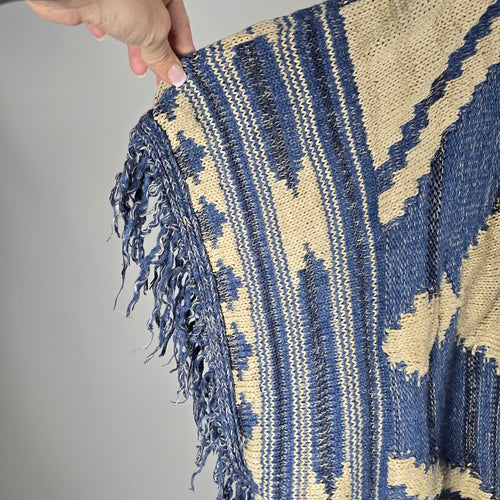Lauren Ralph Lauren Blue Cream Southwestern Fringe Cardigan - Size S