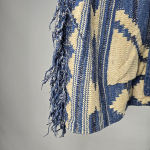 Lauren Ralph Lauren Blue Cream Southwestern Fringe Cardigan - Size S