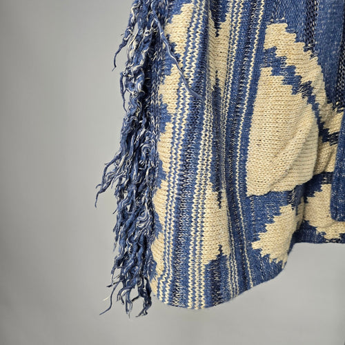 Lauren Ralph Lauren Blue Cream Southwestern Fringe Cardigan - Size S