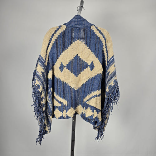 Lauren Ralph Lauren Blue Cream Southwestern Fringe Cardigan - Size S