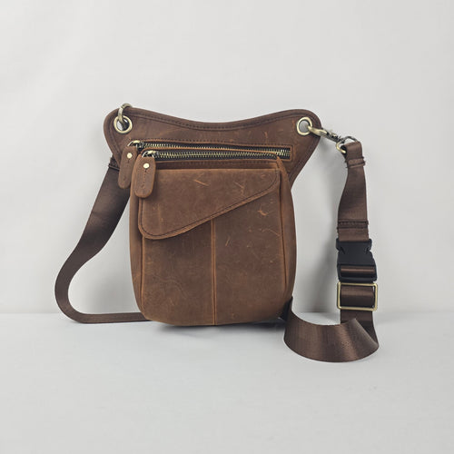 Brown Distressed Leather Crossbody Utility Hip Bag Adjustable Strap