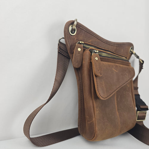 Brown Distressed Leather Crossbody Utility Hip Bag Adjustable Strap