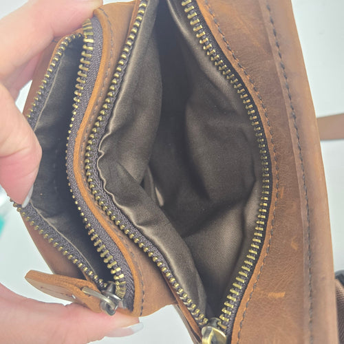 Brown Distressed Leather Crossbody Utility Hip Bag Adjustable Strap