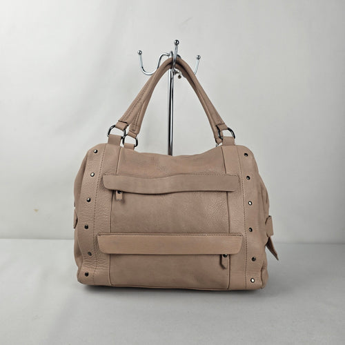 Joelle Hawkens Taupe Leather Studded Multi-Pocket Satchel Handbag