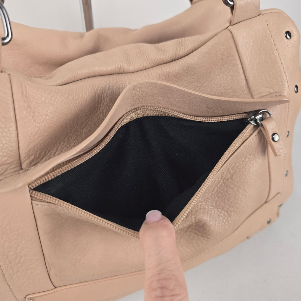 Joelle Hawkens Taupe Leather Studded Multi-Pocket Satchel Handbag