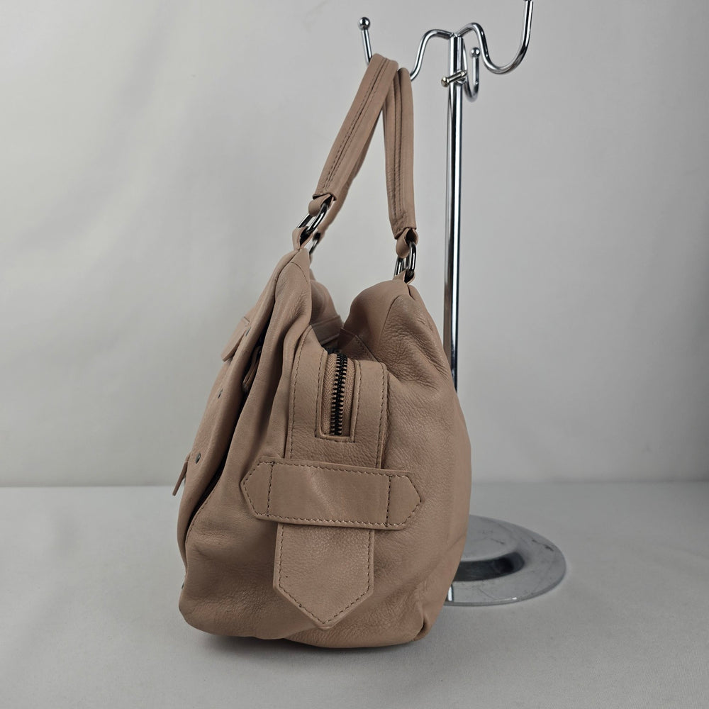 Joelle Hawkens Taupe Leather Studded Multi-Pocket Satchel Handbag