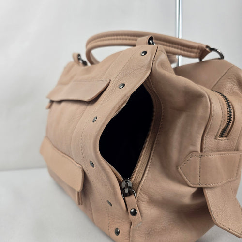 Joelle Hawkens Taupe Leather Studded Multi-Pocket Satchel Handbag