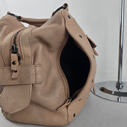 Joelle Hawkens Taupe Leather Studded Multi-Pocket Satchel Handbag
