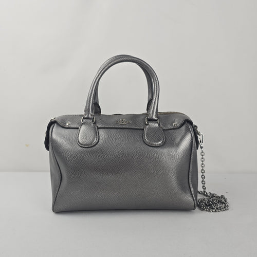 Coach Mini Bennett Metallic Pewter Crossgrain Leather Satchel Crossbody Bag