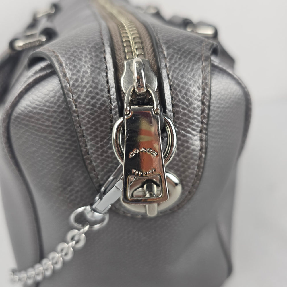 Coach Mini Bennett Metallic Pewter Crossgrain Leather Satchel Crossbody Bag