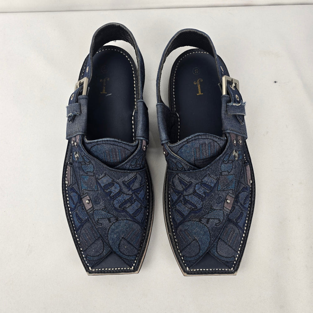 J. LUNAID Blue Embroidered Peshawari Sandals Size 8