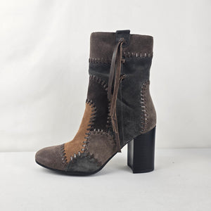 Mamzelle Brown & Tan Suede Patchwork Heeled Ankle Boots Size 8.5