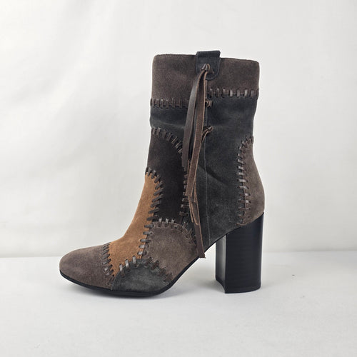 Mamzelle Brown & Tan Suede Patchwork Heeled Ankle Boots Size 8.5