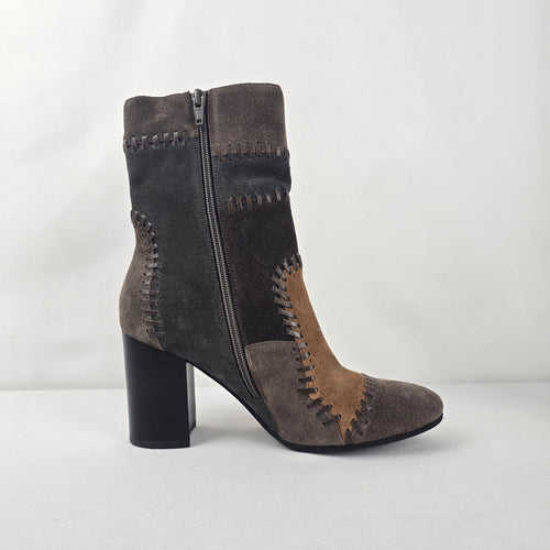 Mamzelle Brown & Tan Suede Patchwork Heeled Ankle Boots Size 8.5