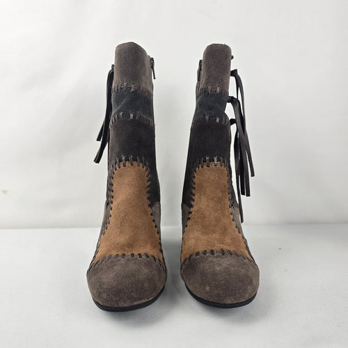 Mamzelle Brown & Tan Suede Patchwork Heeled Ankle Boots Size 8.5