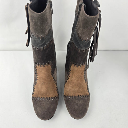 Mamzelle Brown & Tan Suede Patchwork Heeled Ankle Boots Size 8.5