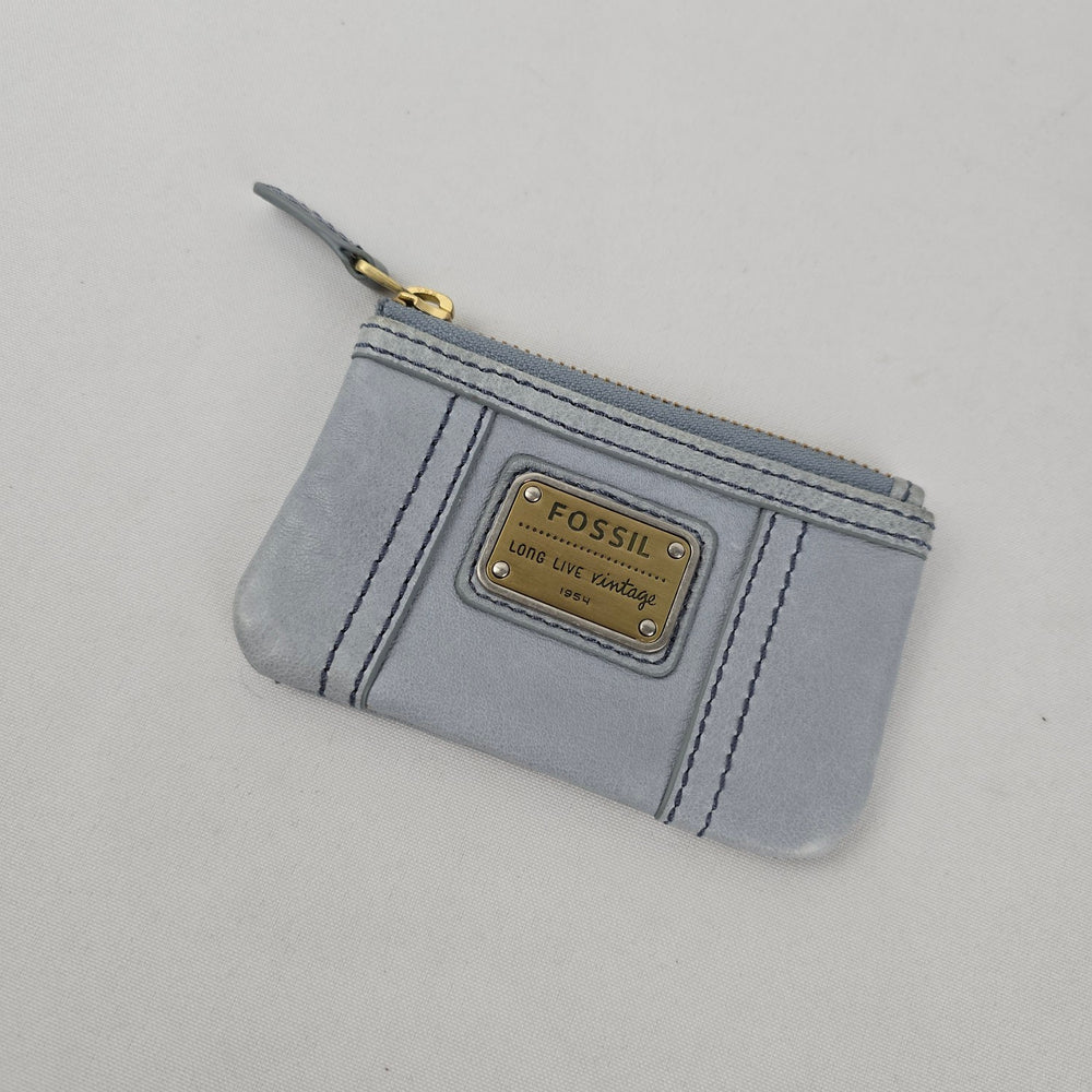 Fossil Light Blue Leather Zip Coin Purse ID Card Holder Keychain