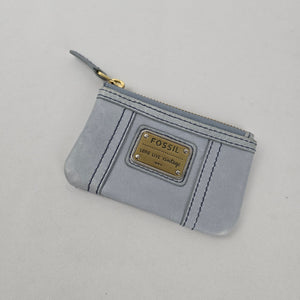 Fossil Light Blue Leather Zip Coin Purse ID Card Holder Keychain