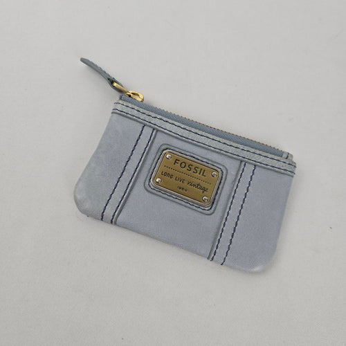 Fossil Light Blue Leather Zip Coin Purse ID Card Holder Keychain