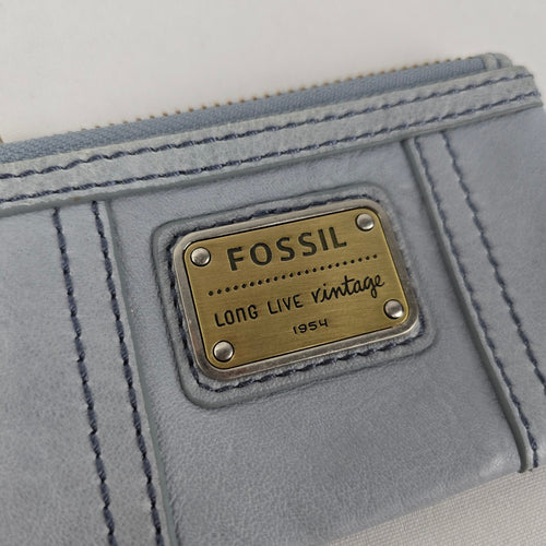 Fossil Light Blue Leather Zip Coin Purse ID Card Holder Keychain