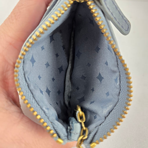 Fossil Light Blue Leather Zip Coin Purse ID Card Holder Keychain