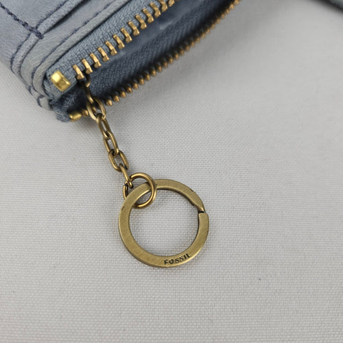 Fossil Light Blue Leather Zip Coin Purse ID Card Holder Keychain