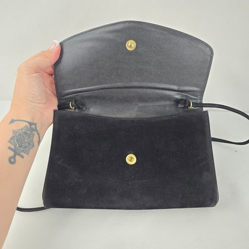 Vintage Cabrelli Black Suede Shoulder Bag Clutch Gold Tone Hardware