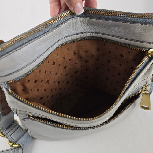 Fossil Light Blue Leather Multi-Zip Crossbody Shoulder Bag