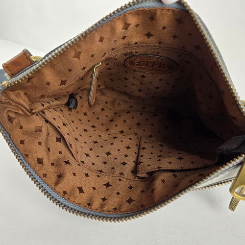 Fossil Light Blue Leather Multi-Zip Crossbody Shoulder Bag