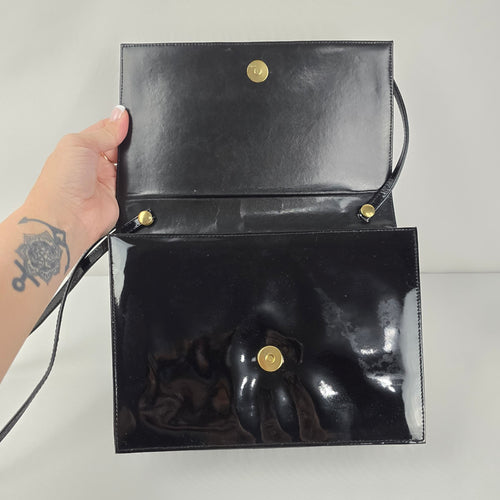 Vintage Arnold Churgin Black Patent Shoulder Bag Clutch Gold Tone Hardware