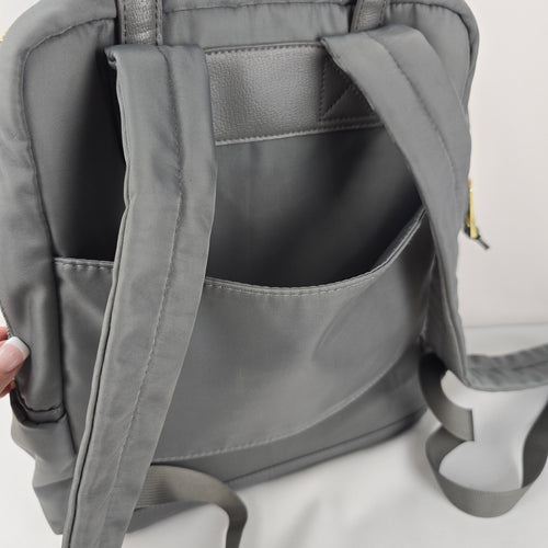 Allancia Grey Nylon Backpack Gold Tone Zip Travel Bag