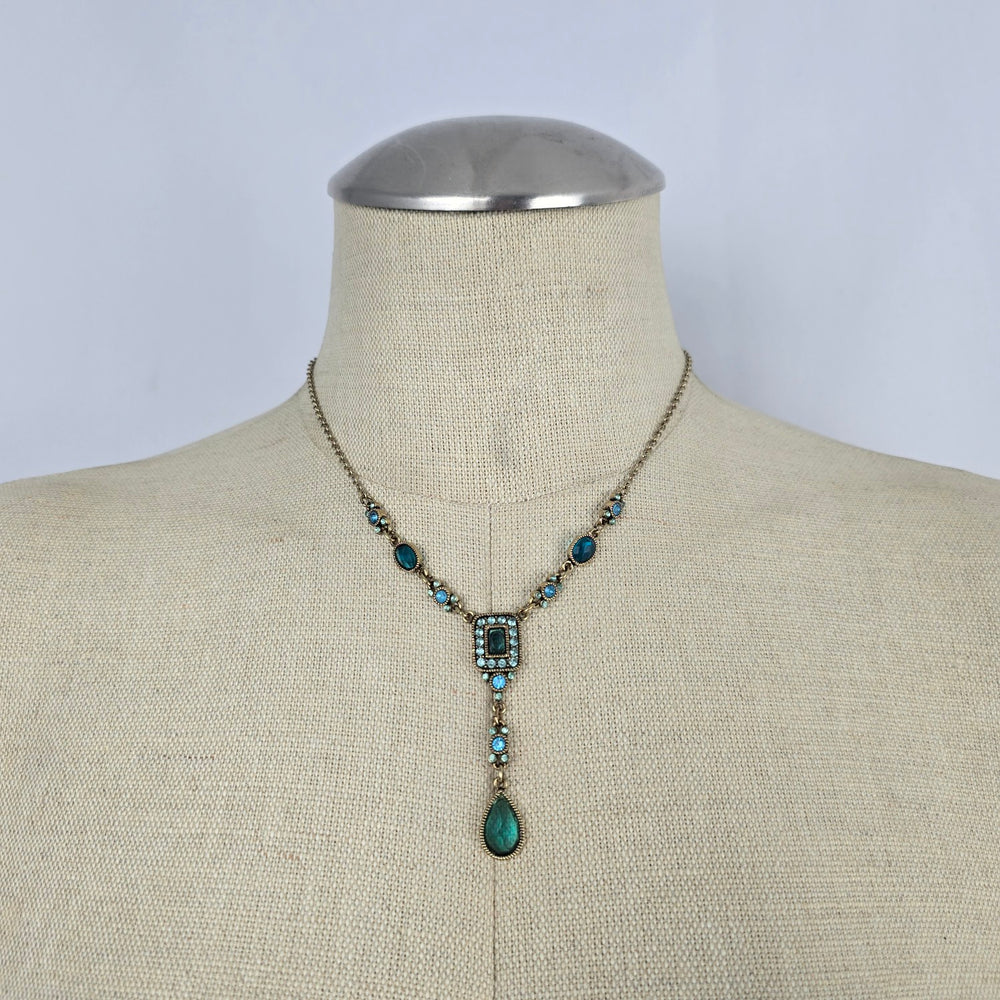 Vintage Teal Rhinestone Y-Drop Statement Necklace