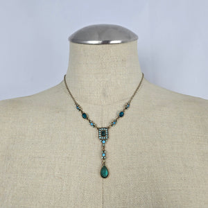 Vintage Teal Rhinestone Y-Drop Statement Necklace