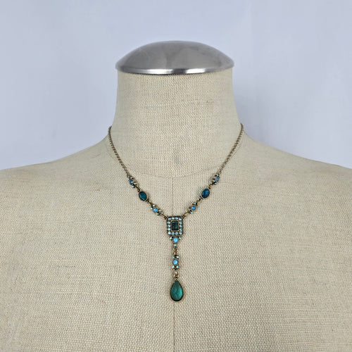 Vintage Teal Rhinestone Y-Drop Statement Necklace